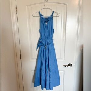 Lusana blue belted Carmen Cotton midi dress size 4 NWT